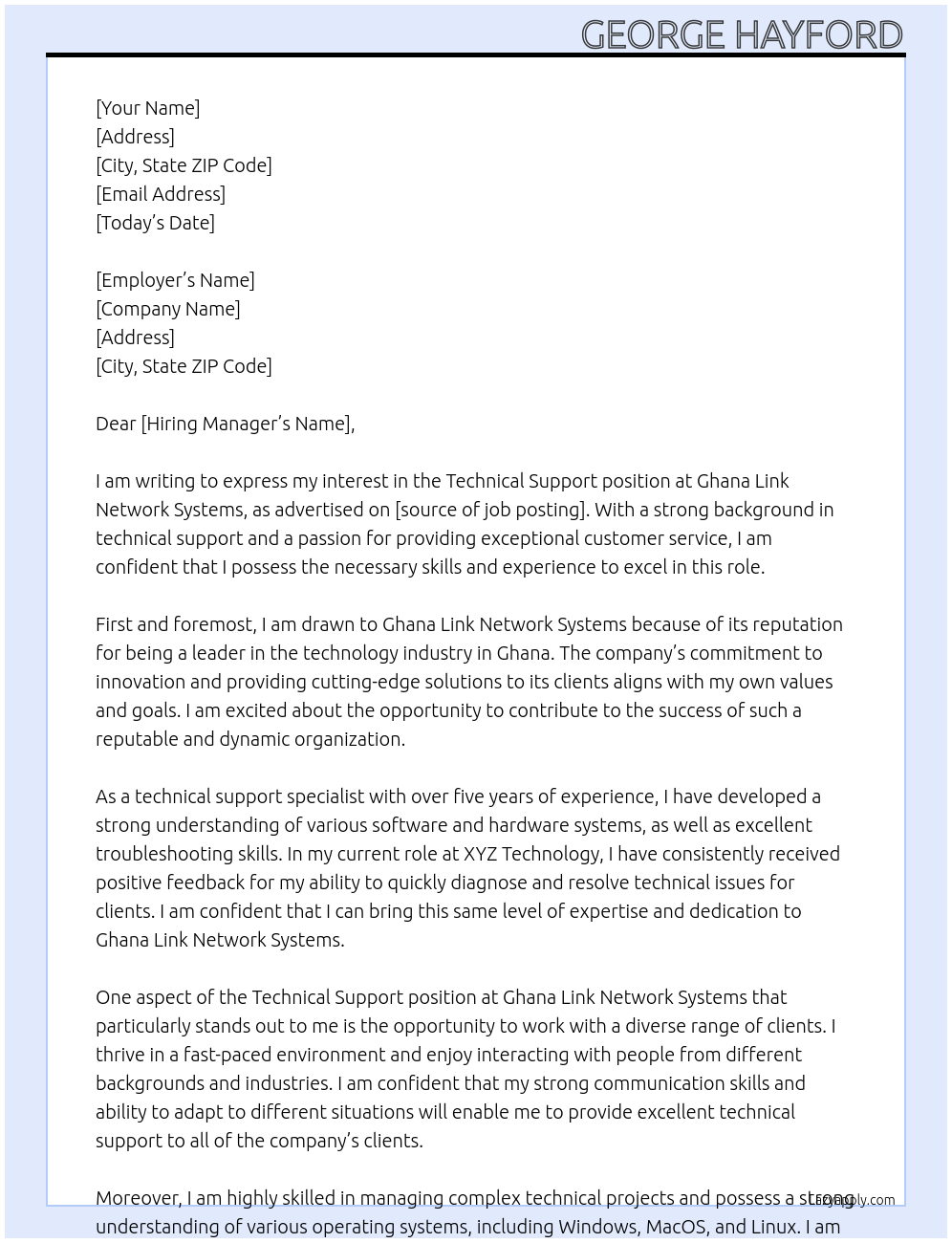 Technical Support At Ghana Link Network Systems Cover Letter