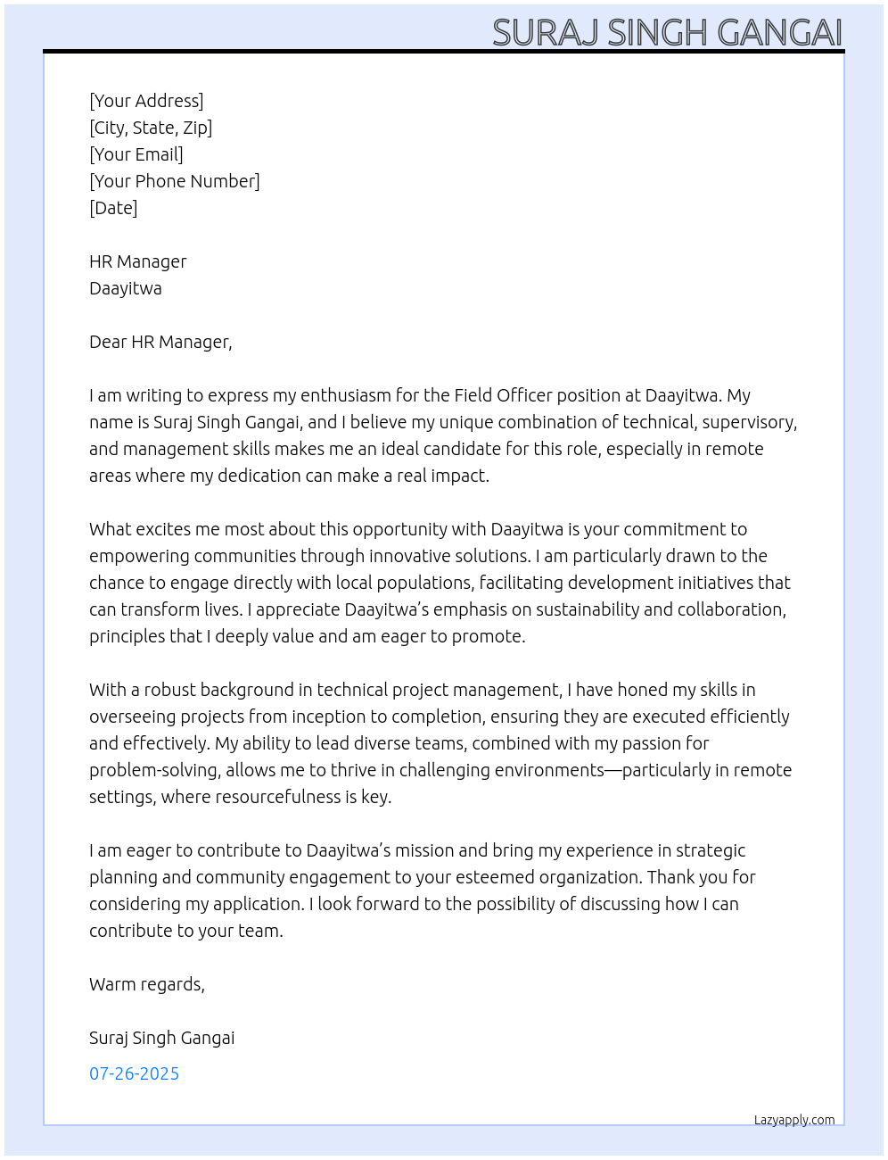 Field officer At Daayitwa Cover Letter