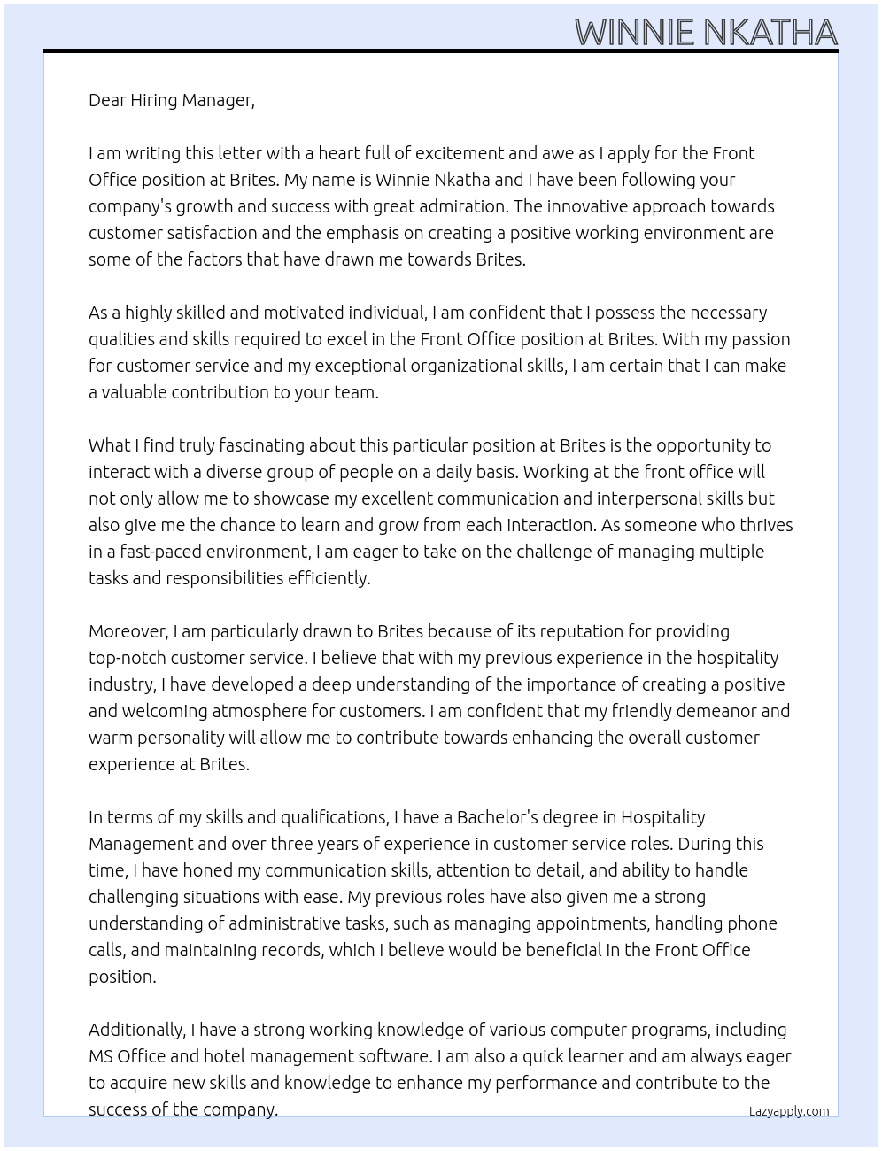 Front office  At Brites Cover Letter