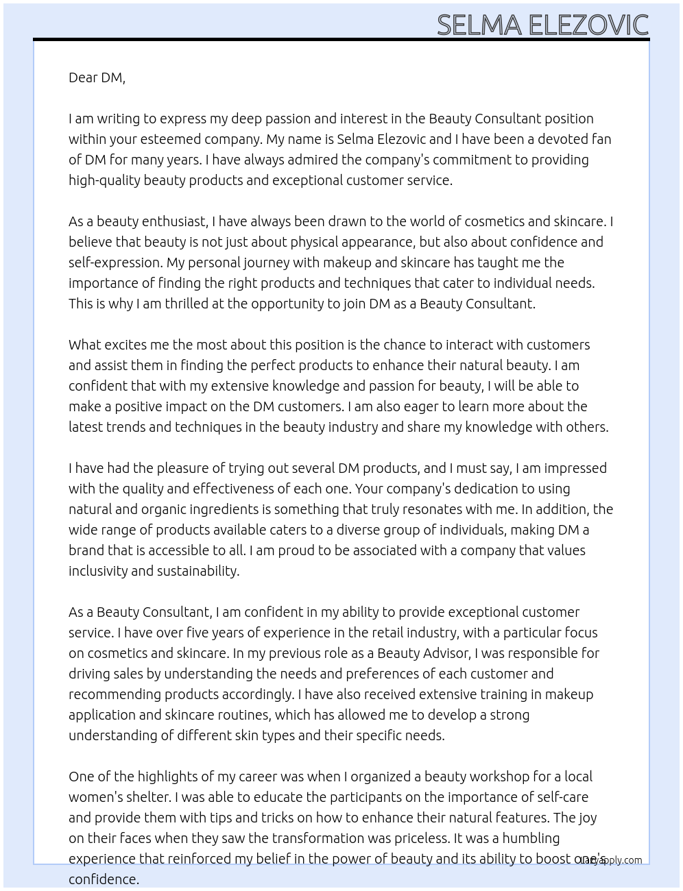 beauty consultant At DM Cover Letter