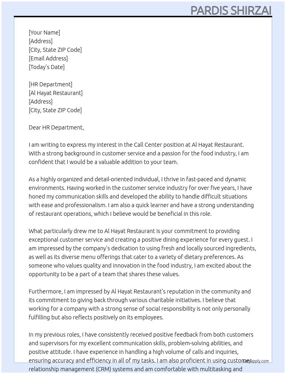 Call Center At Al Hayat Restaurant Cover Letter