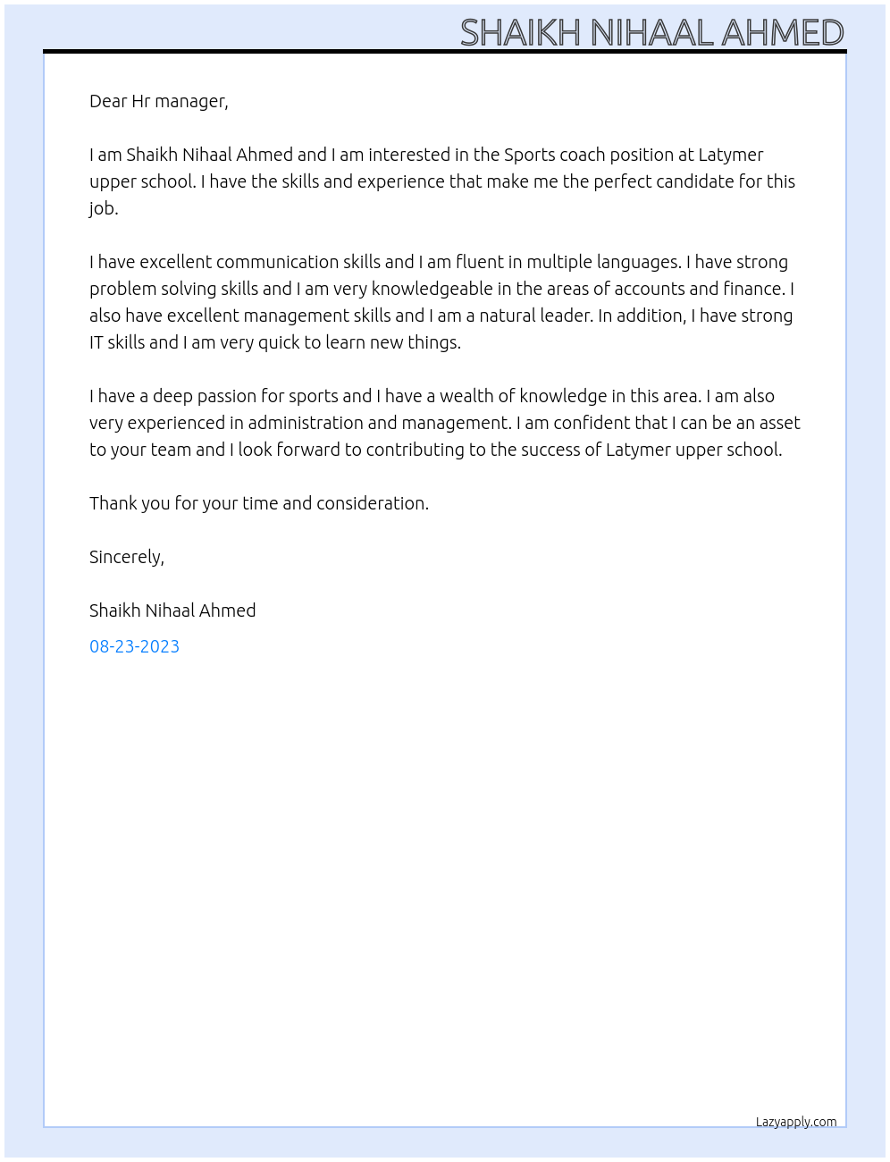 Sports coach At Latymer upper school Cover Letter