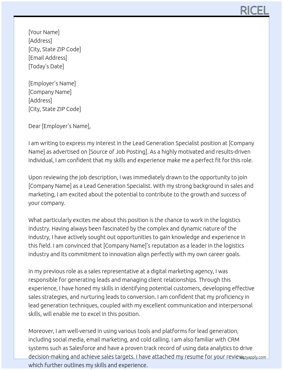 Lead Generation Specialist At logistics Cover Letter