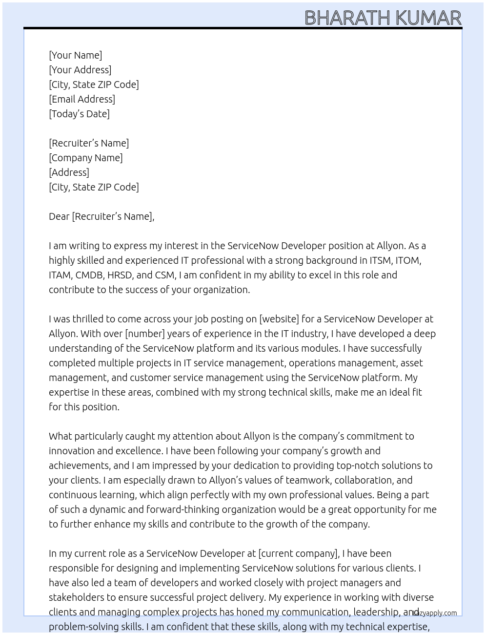 ServiceNow Developer At Allyon Cover Letter
