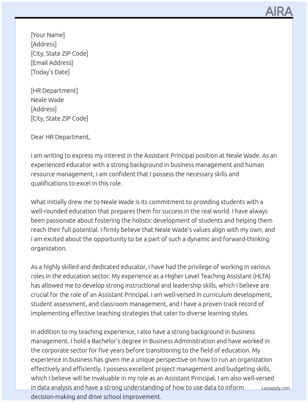 assistant principal At Neale Wade Cover Letter