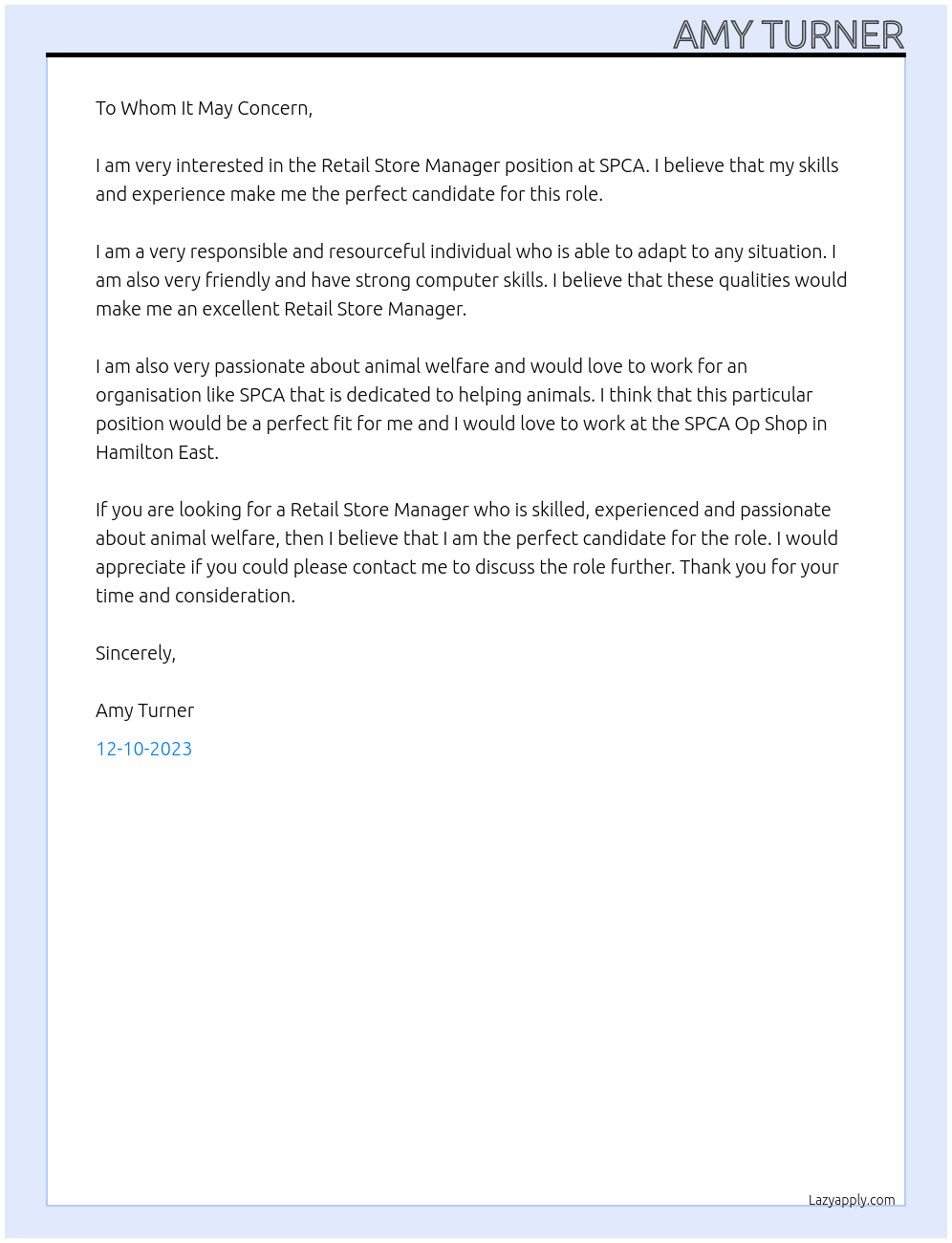 Retail Store Manager At SPCA Cover Letter