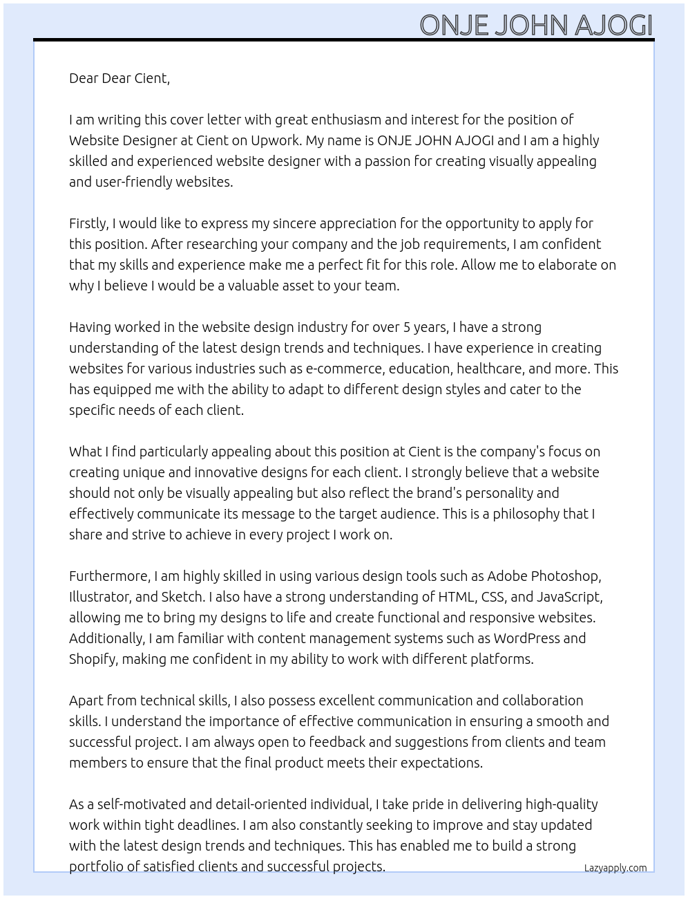 Website Designer At Cient on upwork Cover Letter