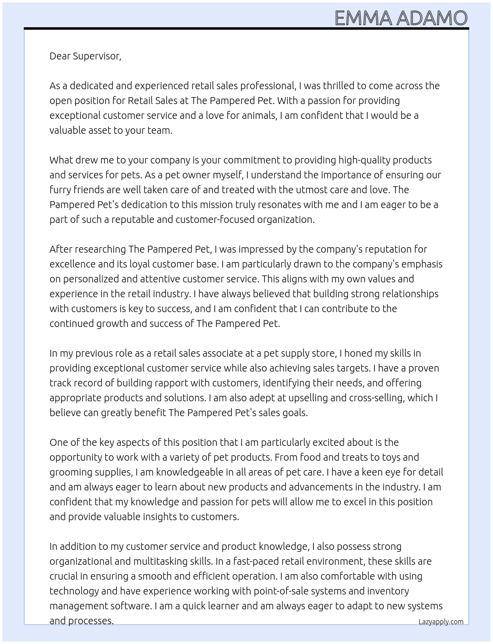 Retail Sales At The Pampered Pet Cover Letter