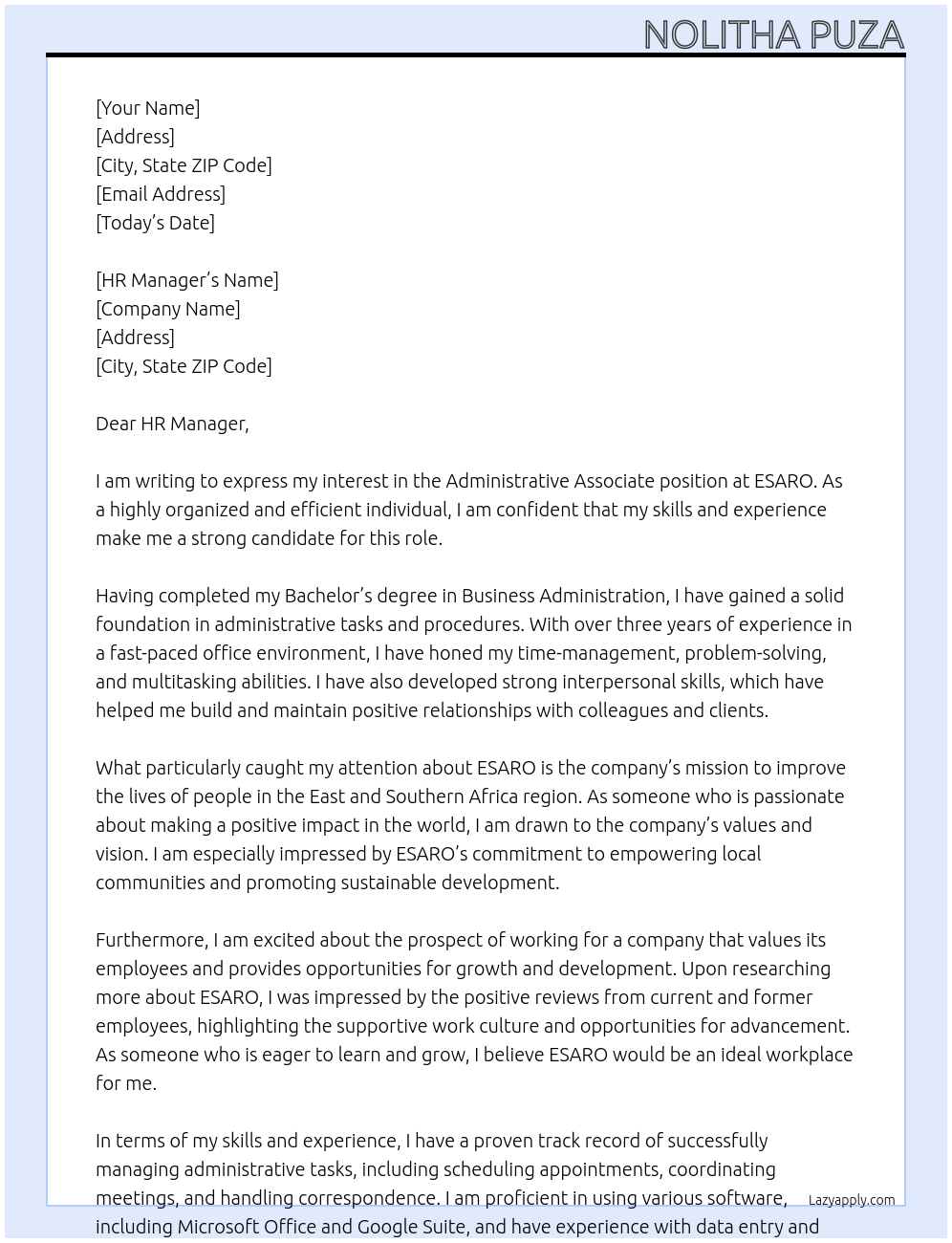 Administrative Associate At ESARO Cover Letter