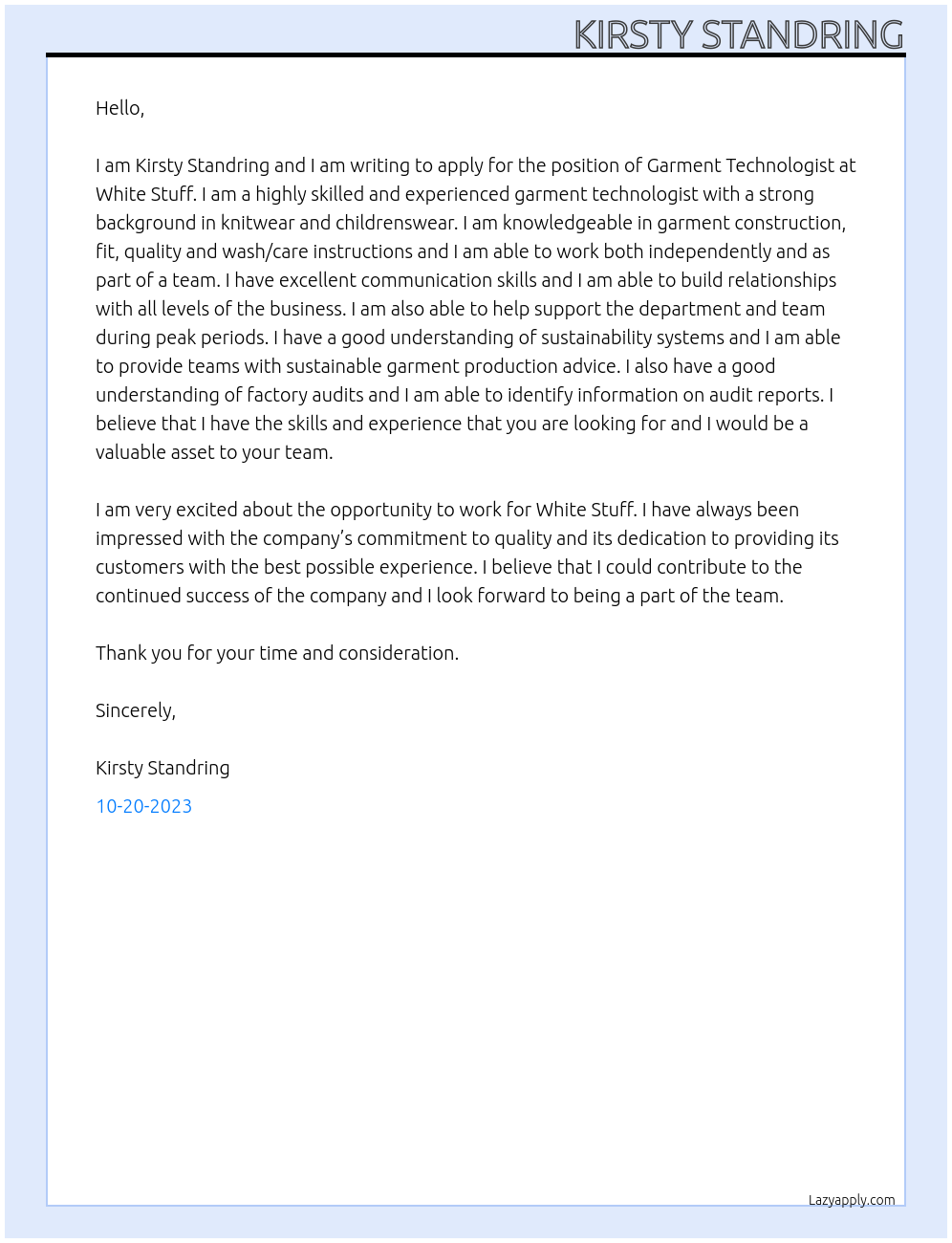 Garment Technologist  At White Stuff Cover Letter