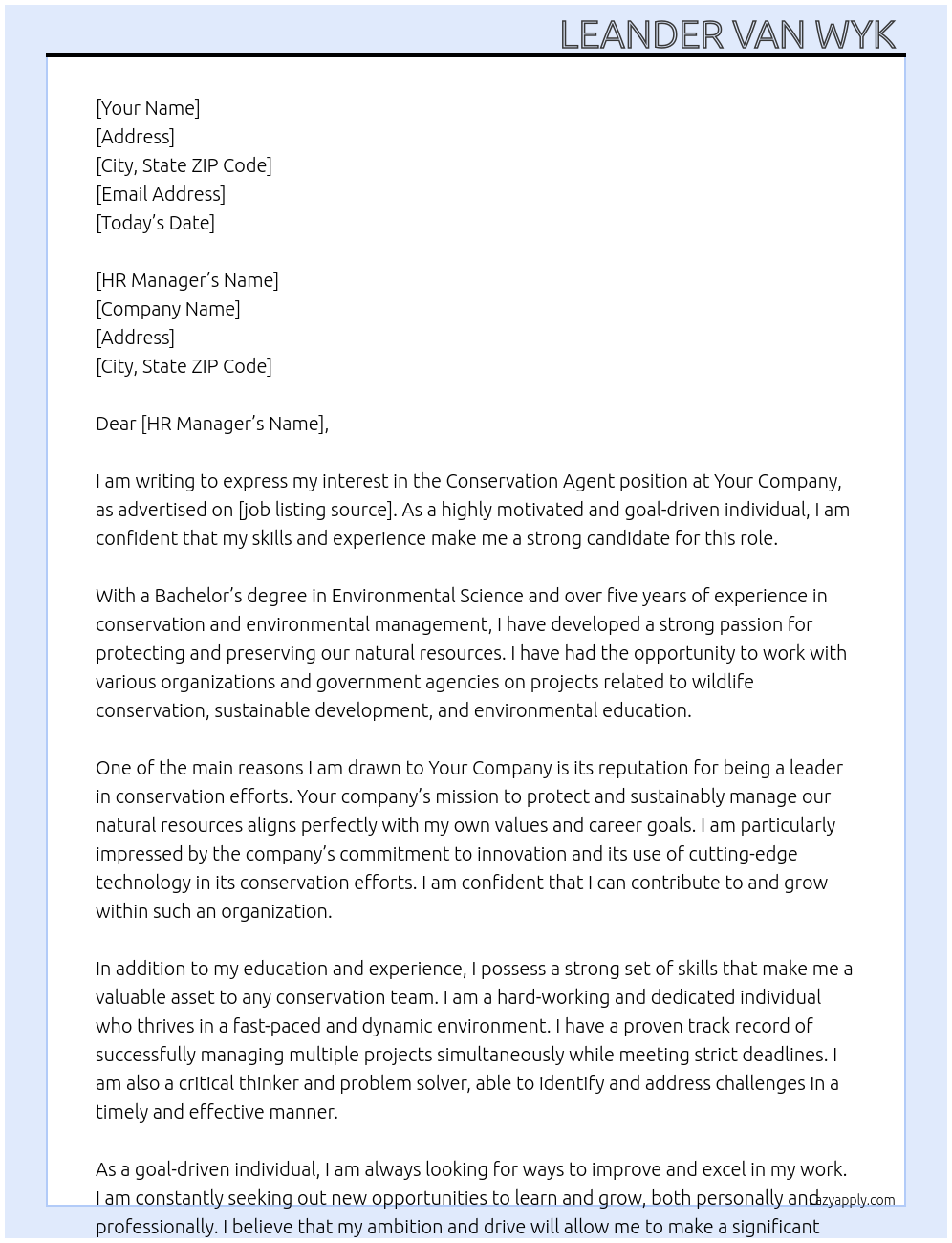 Cover letter for conservation agent - LazyApply