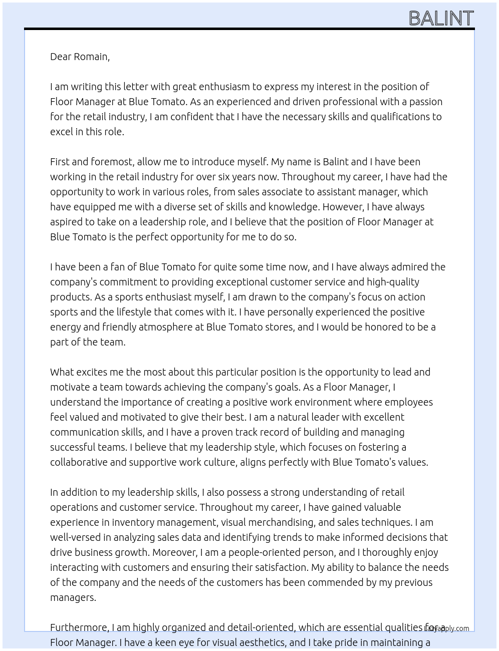 floor manager At Blue Tomato Cover Letter