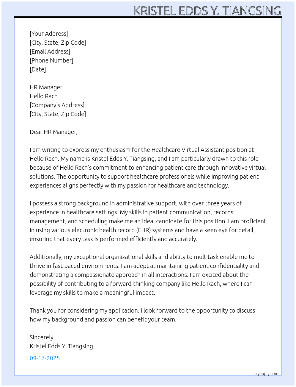 Healthcare Virtual Assistant At Hello Rach Cover Letter