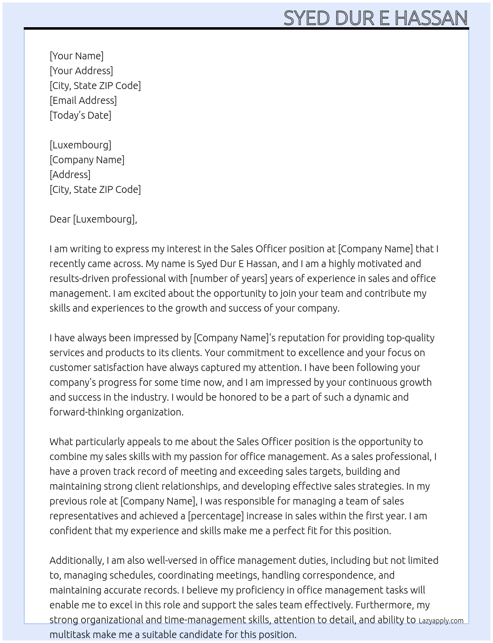 sales officer At for office management job Cover Letter