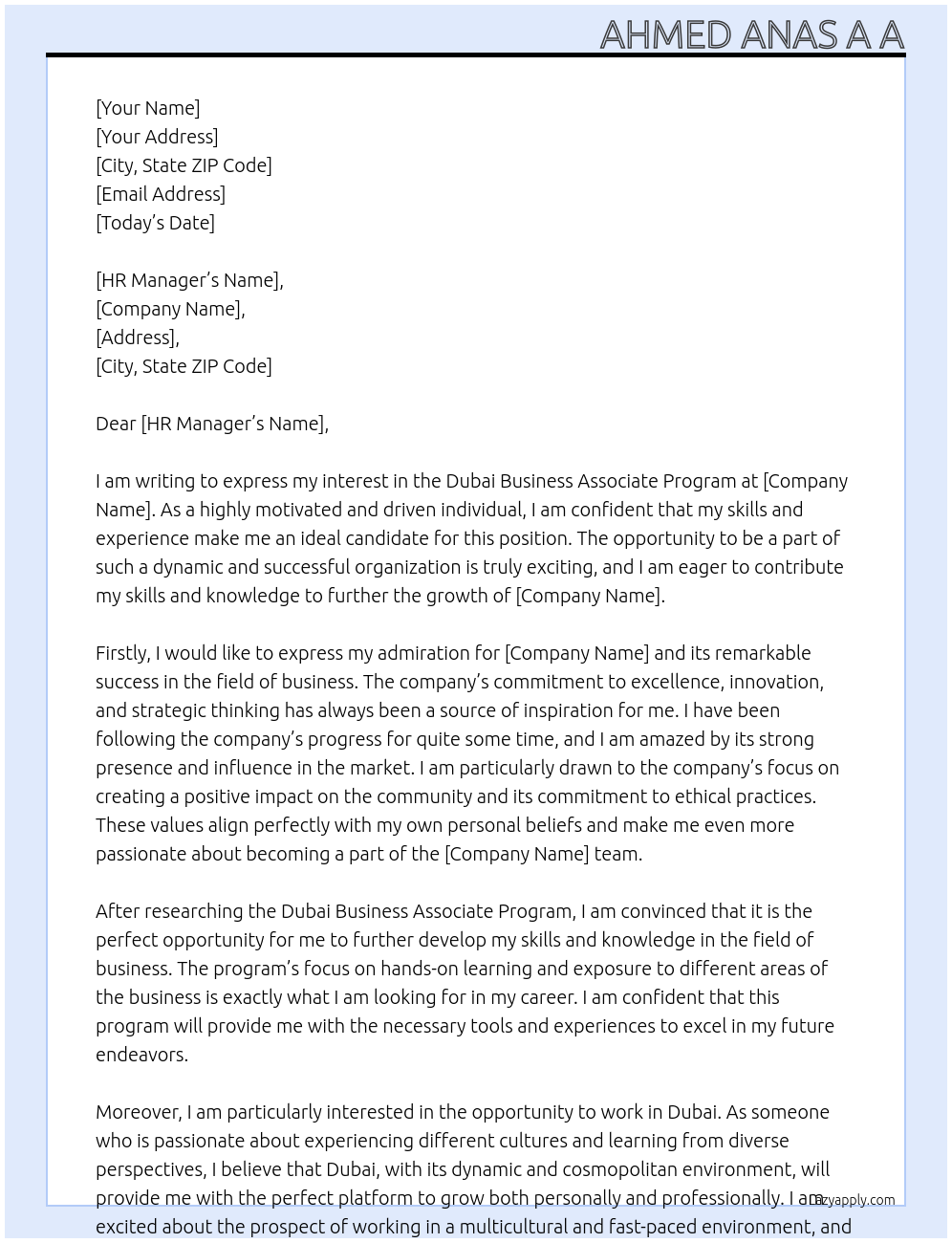 Dubai Business Associate Program At Dubai Business Associate Cover Letter