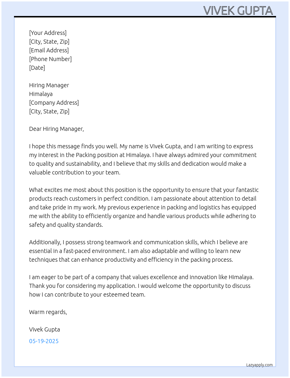 Packing At Himalaya Cover Letter