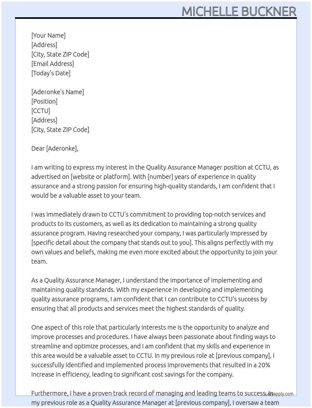 Quality Assurance Manager At CCTU Cover Letter