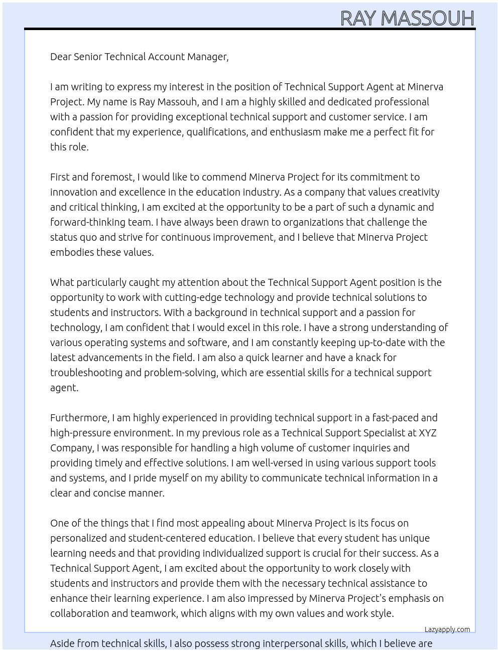 Technical Support Agent At Minerva Project Cover Letter