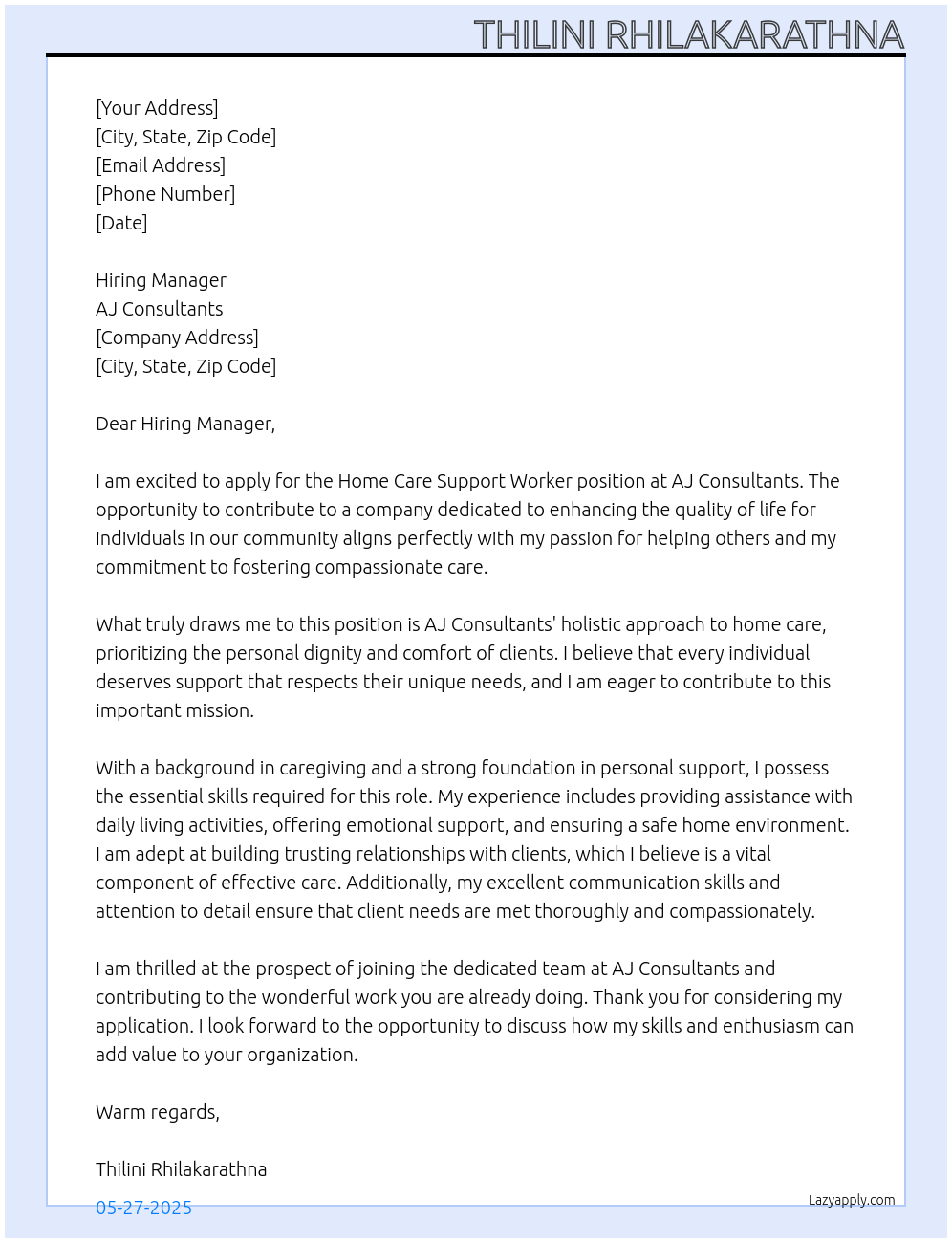 Cover letter for home care support worker - LazyApply