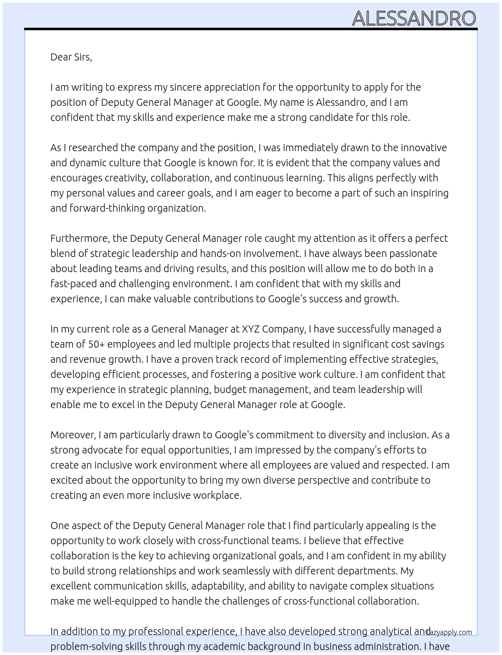 Deputy General Manager At google Cover Letter