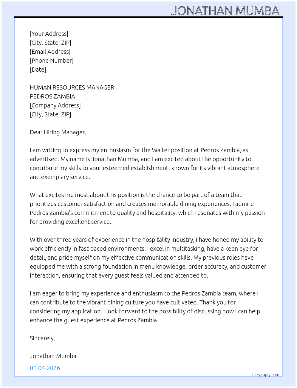 Cover letter for waiter - LazyApply