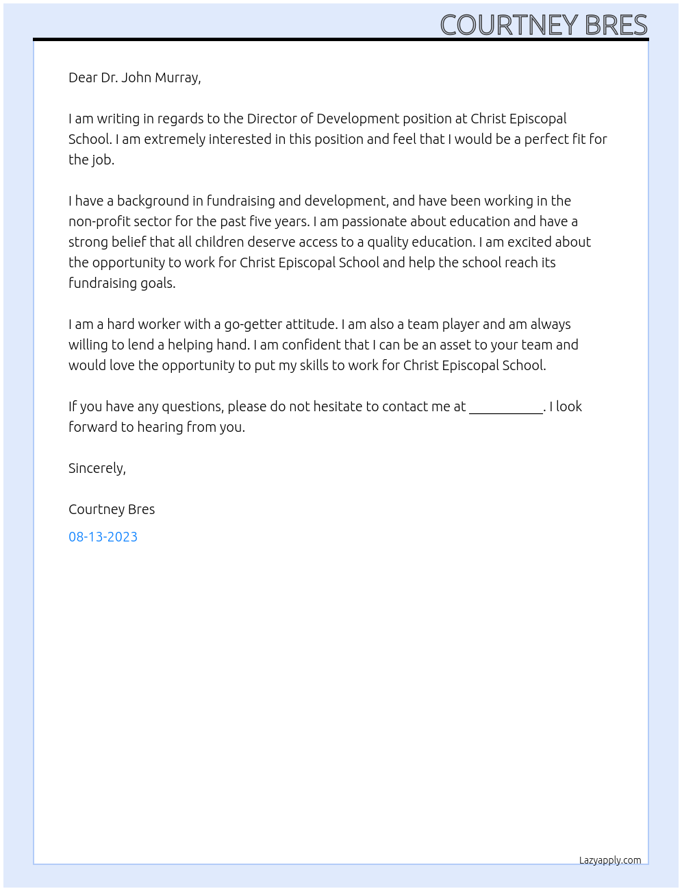 Director of Development At Christ Episcopal School Cover Letter