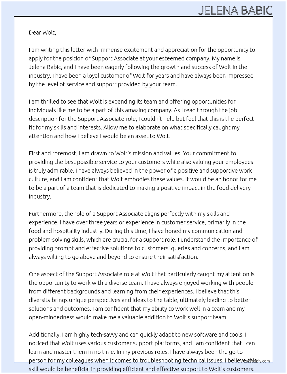 Support Associate At Wolt Cover Letter