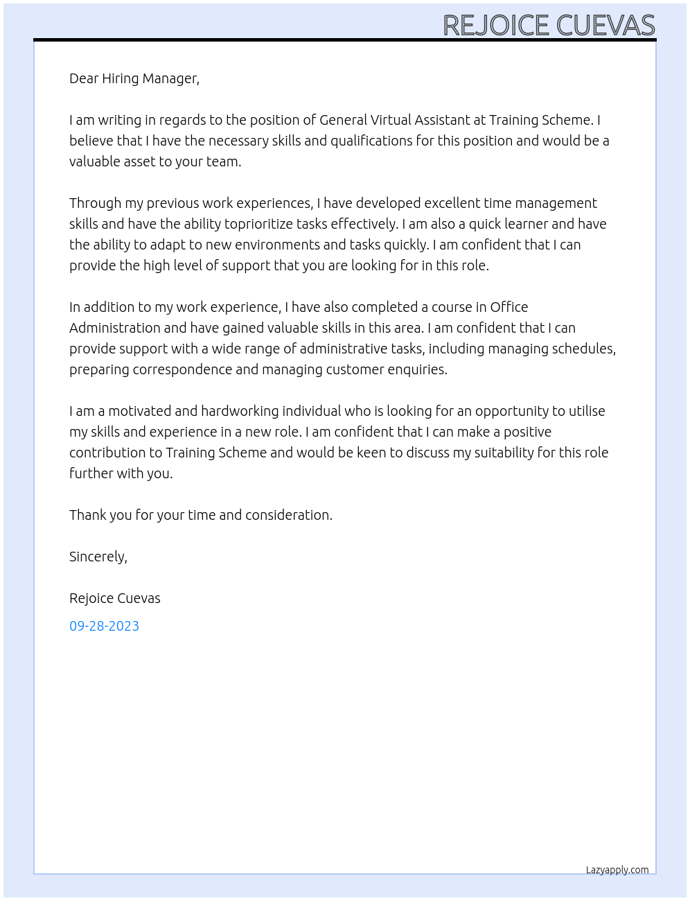 General Virtual Assistant At Training Scheme Cover Letter