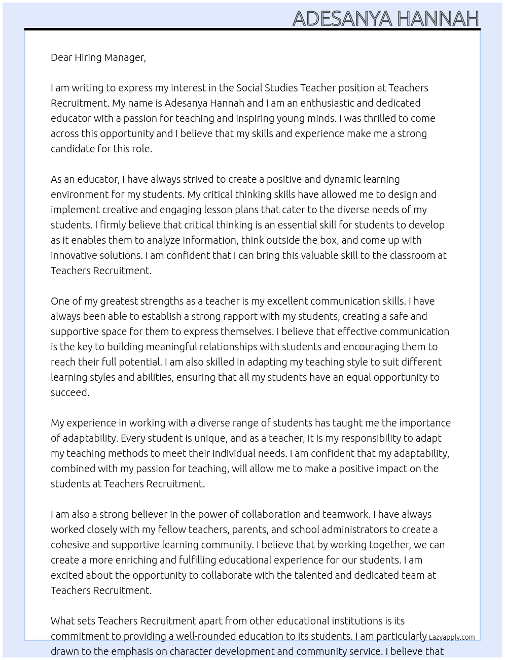 Social Studies Teacher At Teachers Recruitment Cover Letter