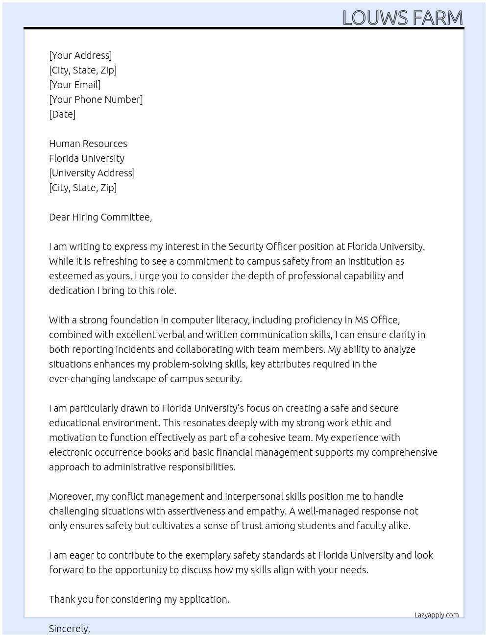 security officer At florida university Cover Letter