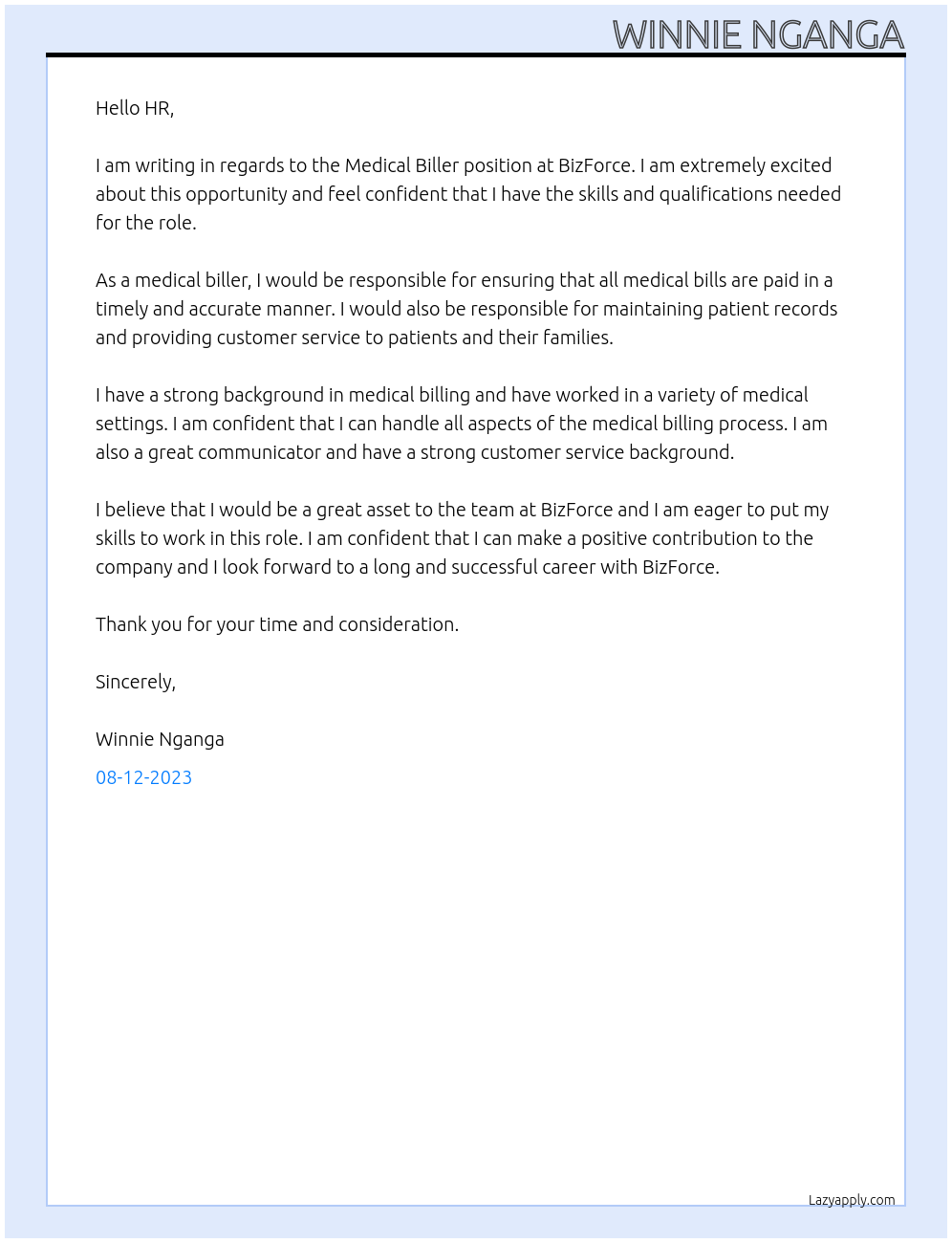 MEDICAL BILLER At BizForce Cover Letter