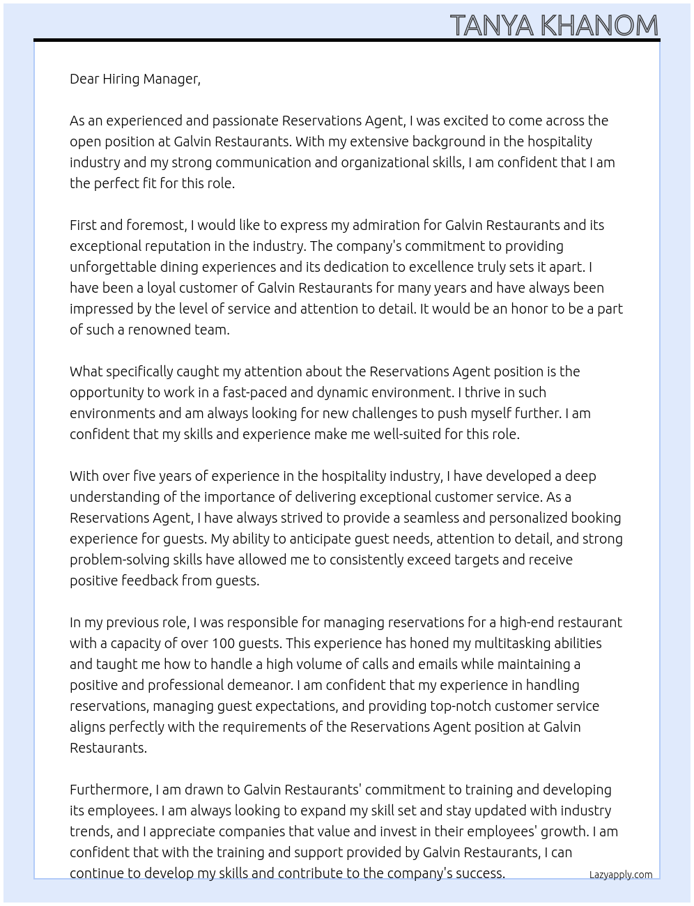 Reservations agent  At Galvin restaurants  Cover Letter