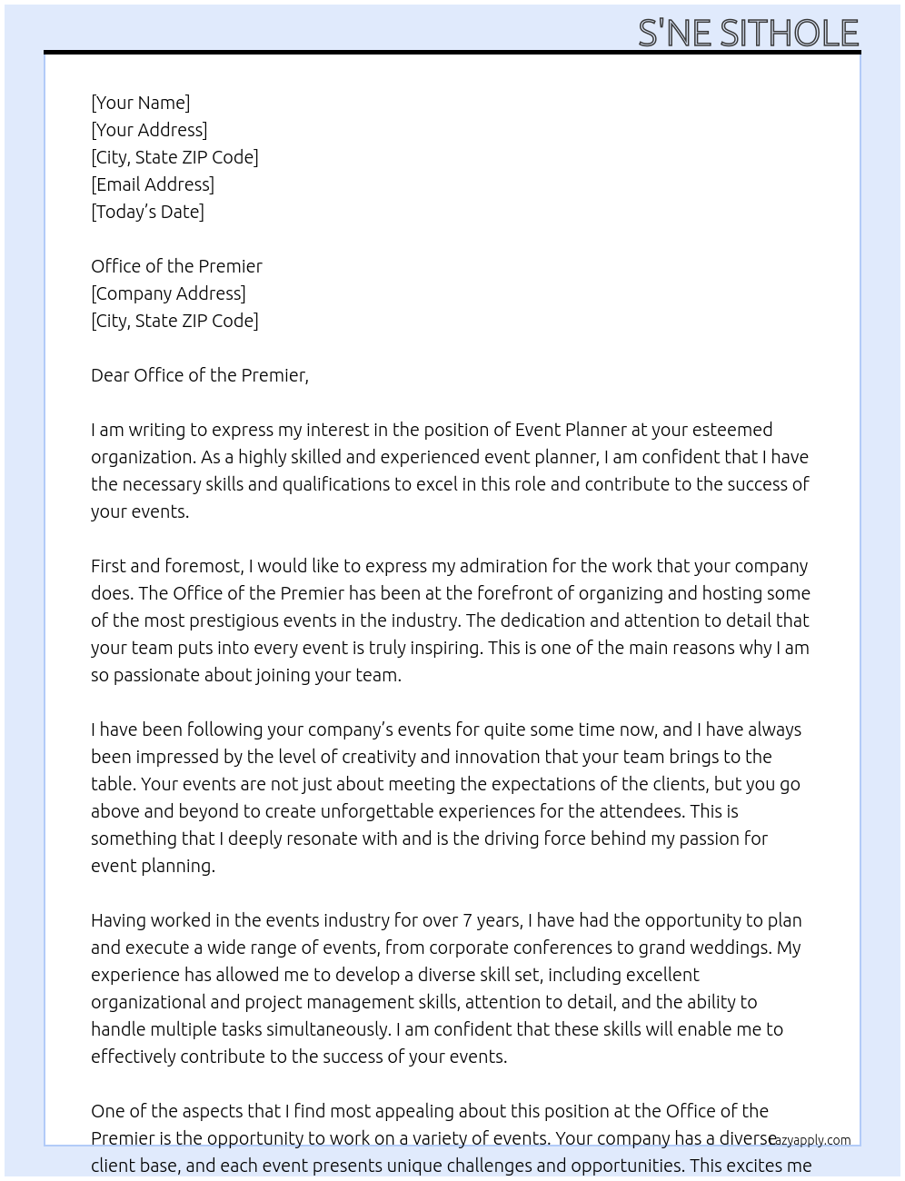 EVENT PLANNER At OFFICE OF THE PREMIER Cover Letter