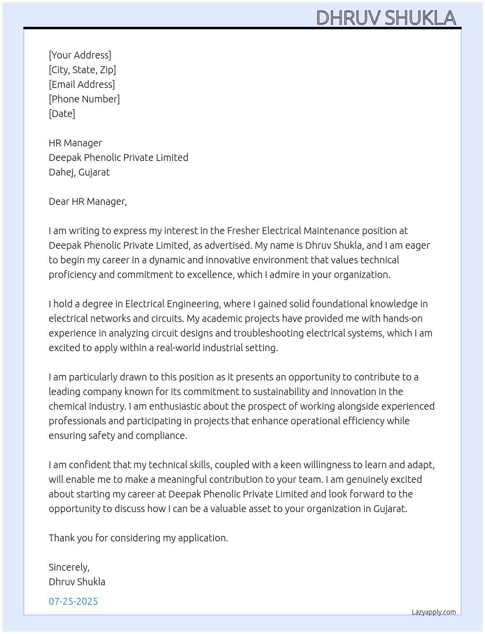 Cover letter for fresher electrical maintenance department - LazyApply