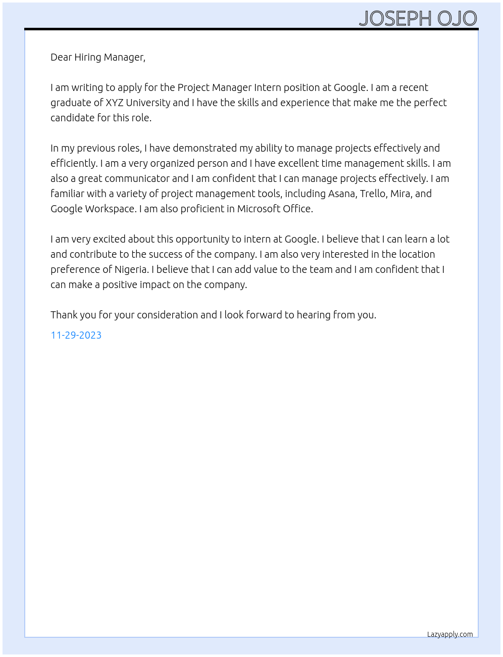 Project manager intern At Google Cover Letter