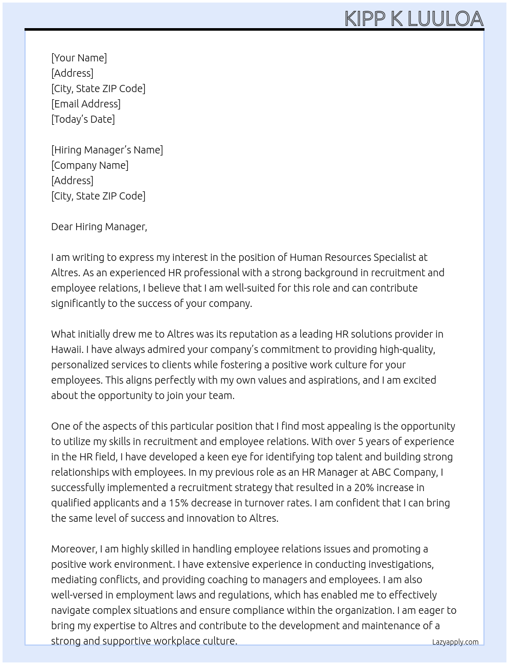 Human Resources Specialist At Altres Cover Letter