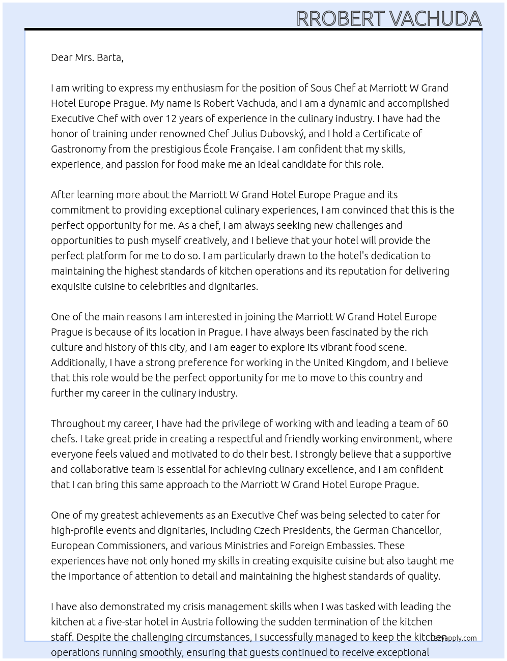 Sous Chef At Marriott W Grand Hotel Europe Prague Cover Letter