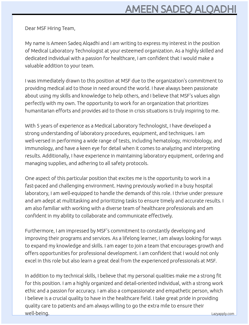 Medical laboratory technologist At MSF Cover Letter