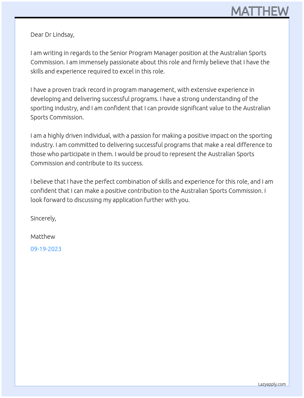 Senior Program Manager At Australian Sports Commission Cover Letter