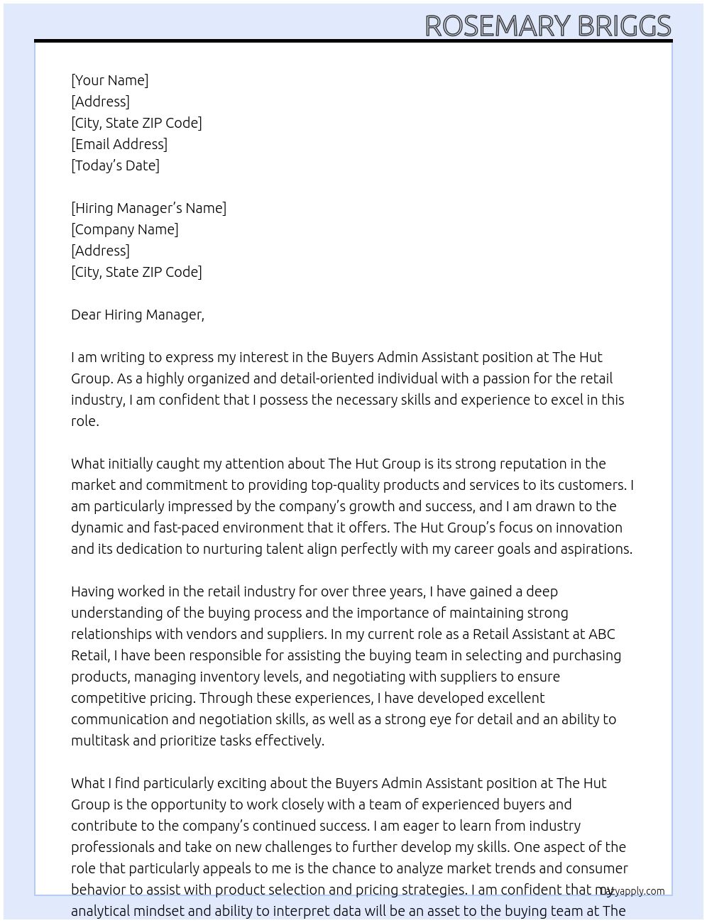 Buyers Admin Assistant At The Hut Group Cover Letter