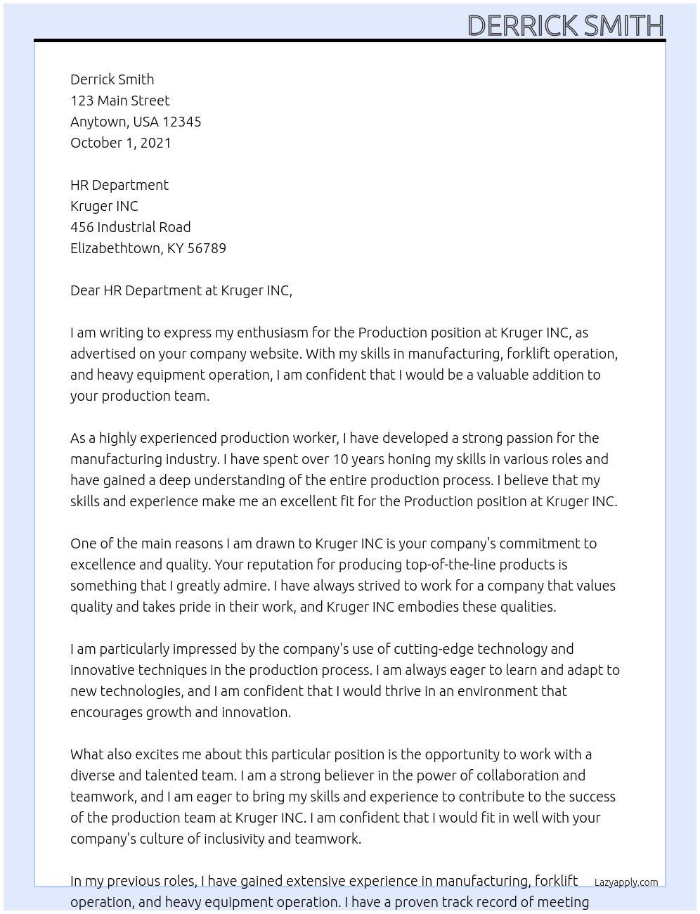 Production  At Kruger INC Cover Letter