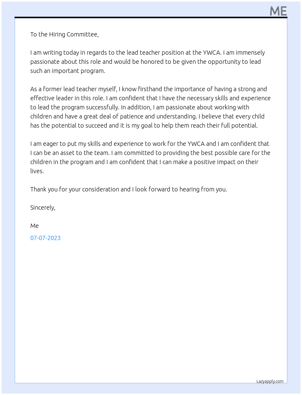 lead teacher At ywca Cover Letter