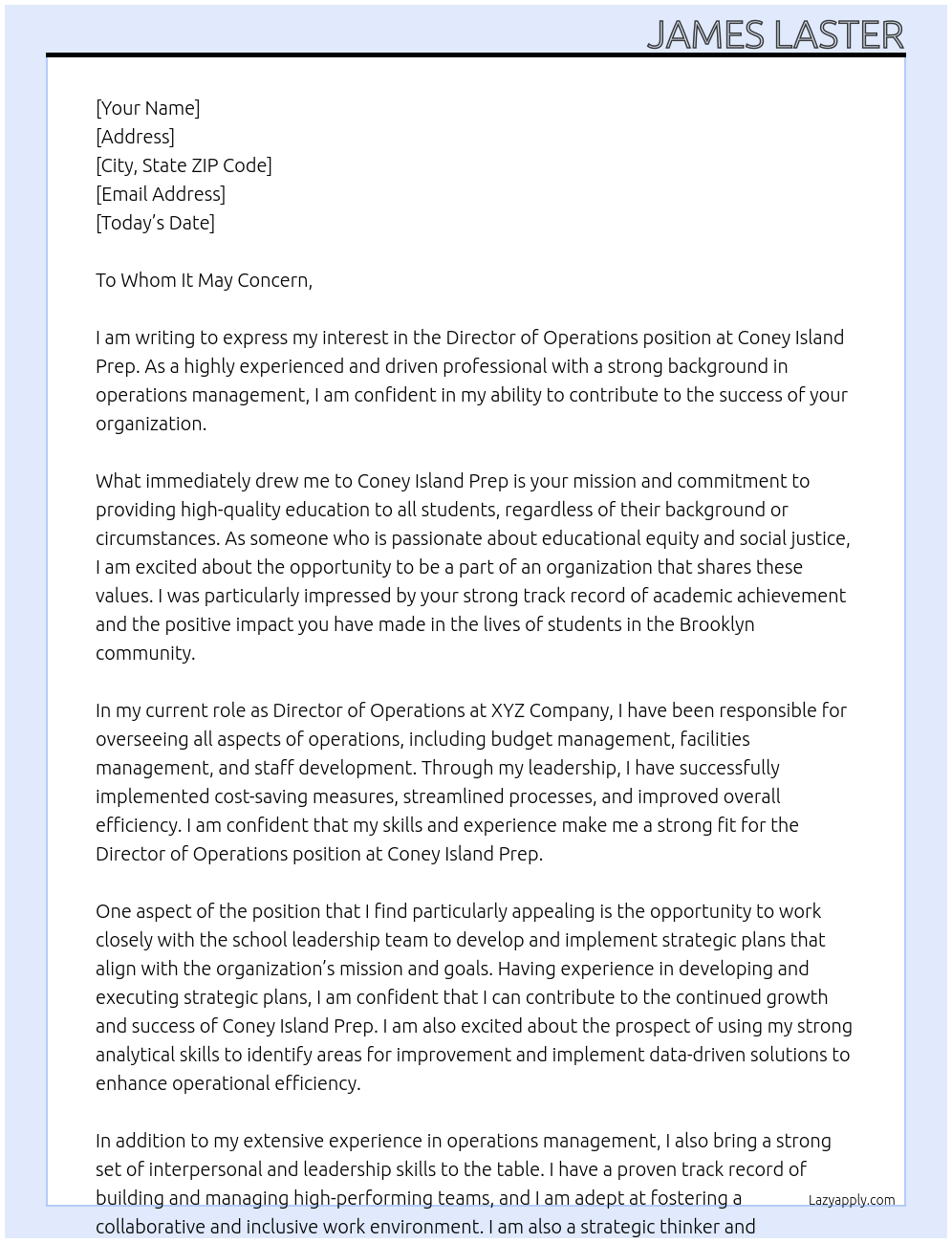 Director of Operations At Coney Island Prep Cover Letter