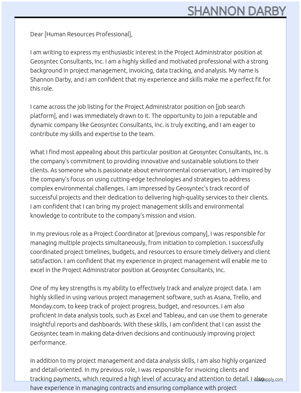 Project Administrator At Geosyntec Consultants, Inc. Cover Letter