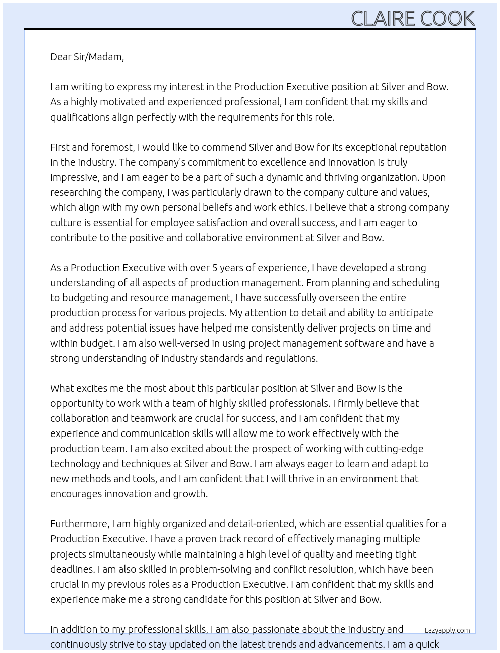 Production Executive At Silver and Bow Cover Letter