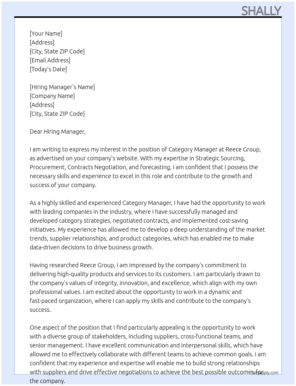 Category Manager At Reece Group Cover Letter