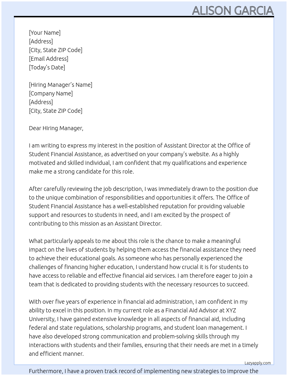 Assistant Director At Office of Student Financial Assistance Cover Letter