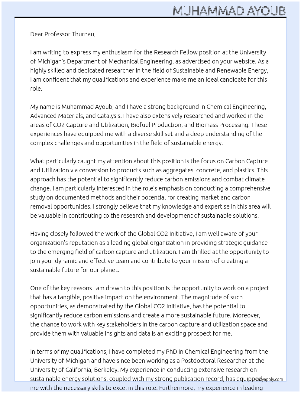 RESEARCH FELLOW At The University of Michigan, Department of Mechanical Engineering Cover Letter