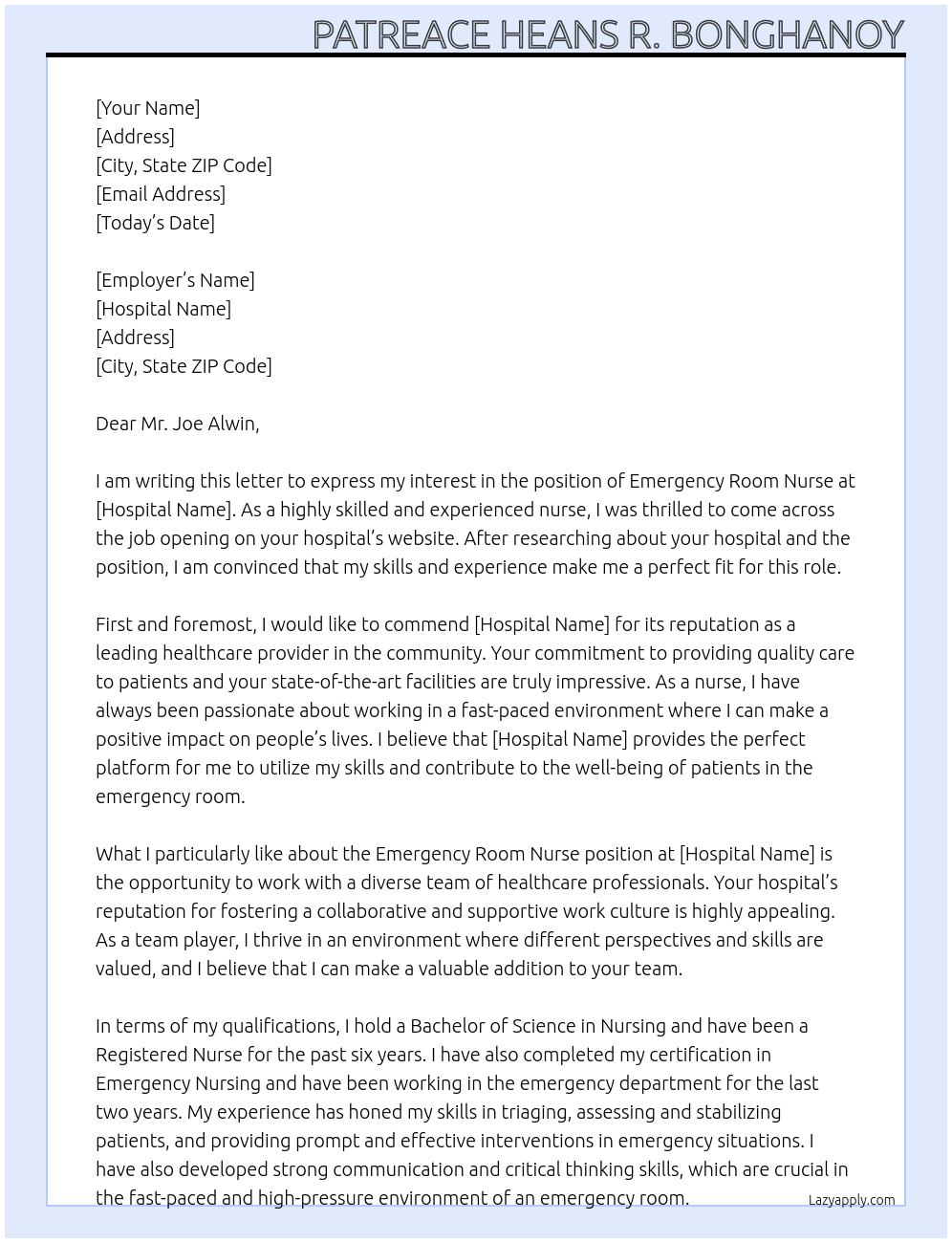 Emergency Room Nurse At Hospital Cover Letter