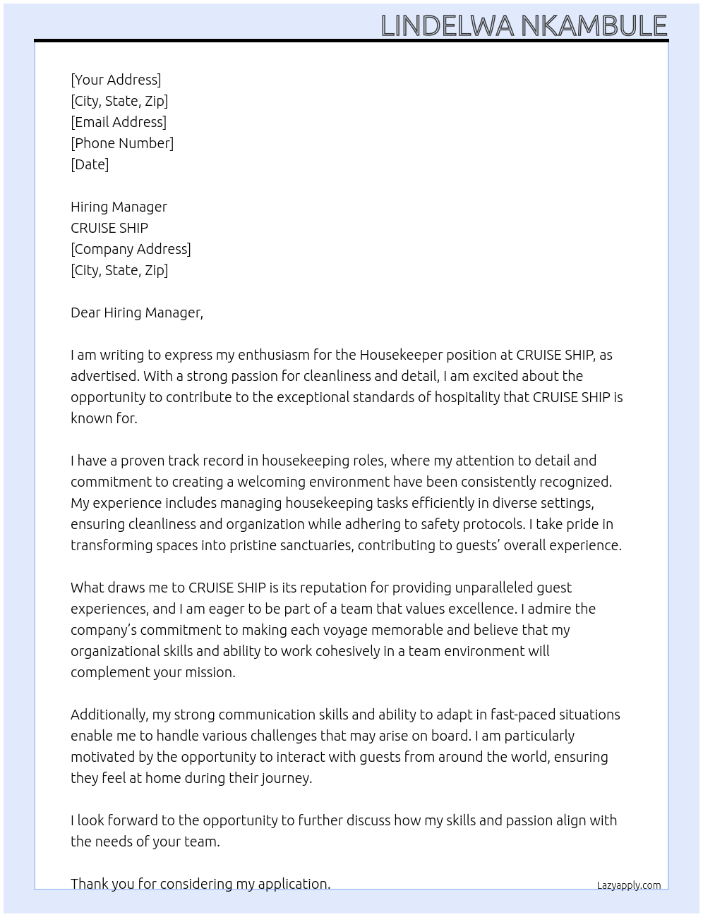 Cover letter for housekeeper - LazyApply